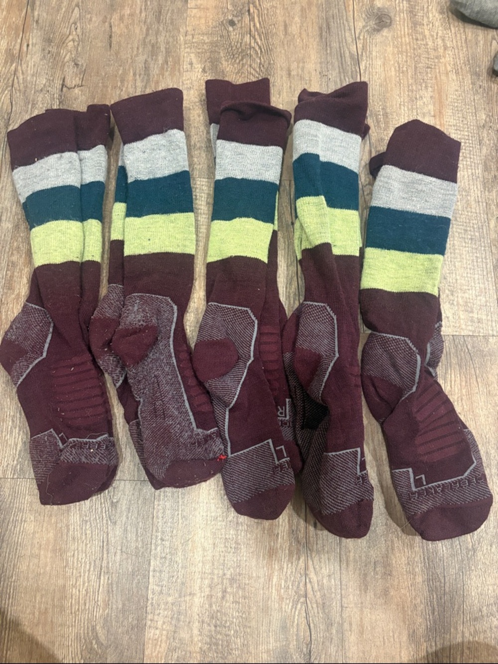 Icebreaker wool ski socks- Burgundy with Stripes 5 pairs